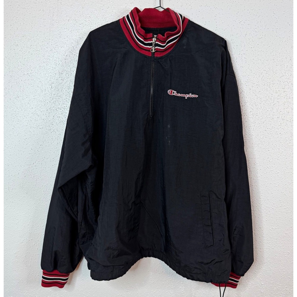 Champion Men's 1990's Black/Red Windbreaker Jacket Full Zip 2XL Nylon Vintage